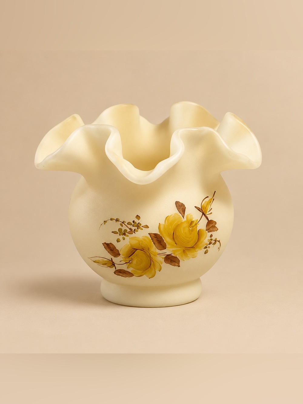 Fenton Custard Satin Glass Ruffled Rose Bowl Signed